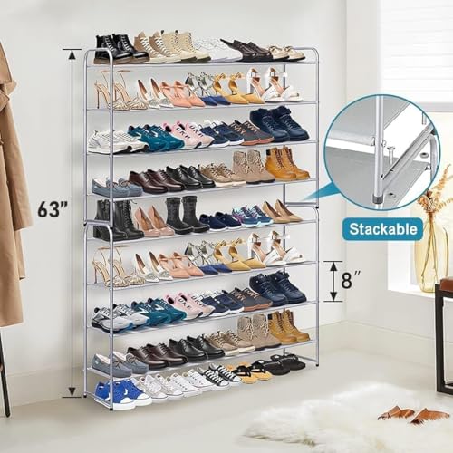 KIMBORA Long Shoe Rack for Closet, 30 Pairs Stackable Shoe Storage Organizer Wide 4 Tier Sneaker Shelf for Bedroom Floor (Grey) - color: Grey, size: 11.4 x 42.7 x 32.4
