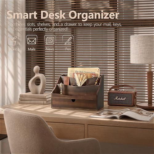 Rebee Vision Acacia Wood Mail Organizer for Desk – Retro Countertop Mail Holder with Dividers – 4-Slot Letter Sorter for Office Accessories – Desktop Organizer for Home Decor (Dark Acacia) - color: A-Dark Acacia