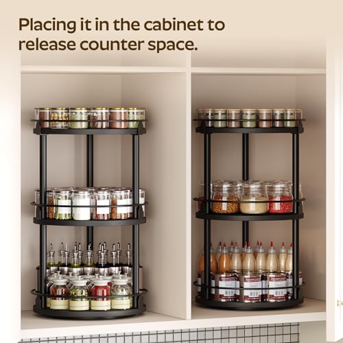 YATINEY 3-Tier Lazy Susan Organizer, Rotating Spice Rack, Spinning Organizer, Industrial Turntable Spice Rack Organizer for Cabinet, Kitchen Countertop, Pantry, Black SR23BK - color: Black, size: 10.2"L x 10.2"W x 18"H