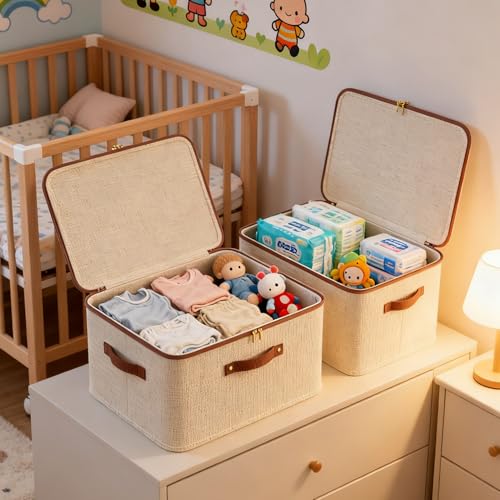 Tuza 3 Pcs Rigid Storage Bins with Zipper Lid, Cotton Linen Fabric Storage Boxes, Foldable Shelves Clothes Storage Cubes with Handles for Wardrobe, Closet(Beige, 25L) - size: L-25L