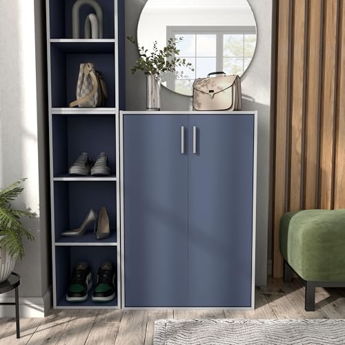 Homes: Inside + Out Apexa 3-Tier Stackable Wood Bookcase with Doors, Cube Storage Organizer Shelves, Small Food Pantry Cabinet, Dorm Teen Room Decor & Bedroom, Home Office, Kitchen, Steel Blue - color: Steel Blue, size: 3-Tier