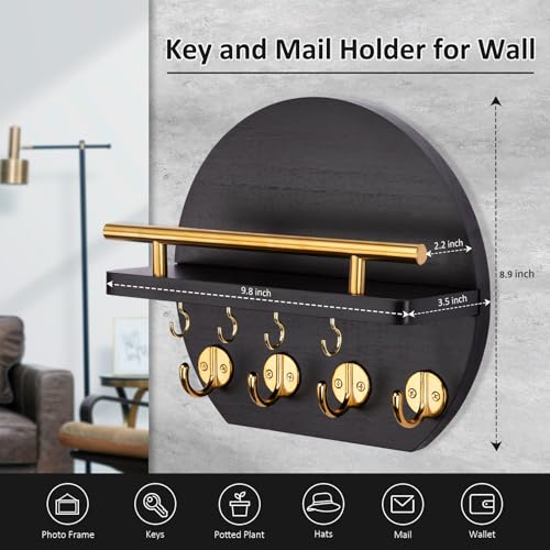 Nekon Key Holder for Wall - 9.8 Inch Apartment Wall Decor with Shelf and 8 Key Hooks, Circular Wood Key Hanger for Home Decor (Black with Golden Hooks) - color: Black&Gold