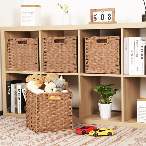 DULLEMELO Wicker Storage Cubes - Foldable Wicker Baskets Set of 4, 11x11x11 inch for Organizing Closet, Clothes, Toys - Brown - color: Woven-Brown, size: 11"-4 pack