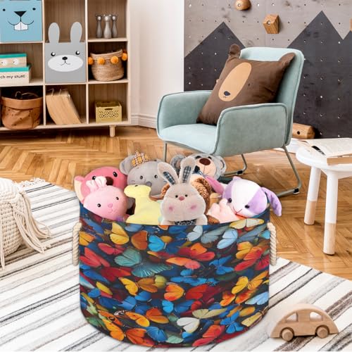 Pardick Colorful Butterfly Large Round Storage Basket Collapsible Circle Storage Bin Laundry Hamper With Handle for Kids Toy Blanket Clothes Towel Living Room Nursery Storage Organizer Decor - color: Print 10