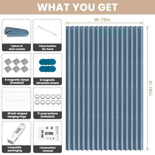 Jilron Accordian Door Curtain, 100% Blackout Folding Magnetic Doorway Curtains,Linen Style Closet Doors,for Room Divider,Privacy Protection（W72 x L78,Blue,1 Panel） - color: Blue, size: 72"W x 78"L (Pack of 1)