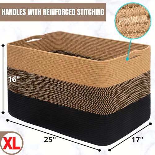 MINTWOOD Design 112L Extra Large Blanket Basket Holder Living Room, 25"x17"x16" Rectangle Rope Woven Storage Basket with Handles for Laundry, Pool Towels, Shoes, Dog Toy Organizer Bin Box, Black Jute - color: Black Jute