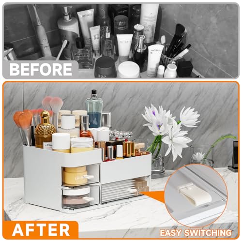 SuoXing White Make up Organizers for Vanity,Large Plastic Bathroom Counter Organizer With Drawers,Skincare Organizers and Cosmetic Storage for Dresser Top Skin Care,Beauty Products and Brush Holder - color: White