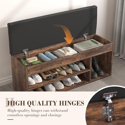 Apicizon 39 Inches Storage Bench with Padded Cushion, Shoe Bench with Storage Space, Upholstered Entryway Bench for Living Room, 2-Tier Shoe Rack Organizer, Brown - color: Brown, size: 39 Inch