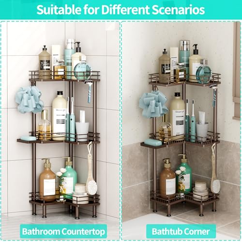 HapiRm Corner Shower Caddy Standing - 3 Tier Shower Organizer Corner with Soap Holder, Rustproof Bathroom Standing Organizer with 4 Hooks, Bronze - color: Bronze, size: 3-tier