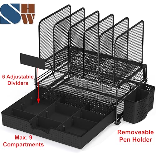 Simple Houseware Mesh Desk Organizer with Sliding Drawer, Double Tray and 5 Upright Sections, Black - color: Black