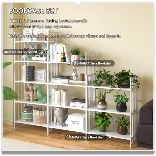 4NM No Assembly 4 Tiers Folding Bookshelf, 47.2" H Foldable Storage Shelves Vintage Bookcase Standing Racks Study Organizer Home Office - All White - color: All White, size: 4-Tier