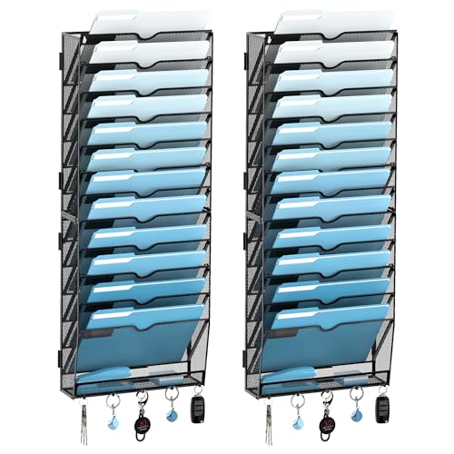 SUPEASY 13-Tier Wall File Holder Organizer with Hooks, Mesh Hanging File Organizer, Mail Organizer Wall Mounted for Papers, Folders, Office Magazine Rack, Assembly Needed, Black 2 pack