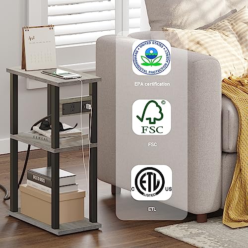 TUTOTAK Small Narrow Side Table with Charging Station, Skinny End Table for Small Spaces, Slim Nightstand with USB Ports and Outlet, Sofa Beside Table with Wheels, Greige TB01BG046 - color: Greige, size: 1 PC, style: With Plug