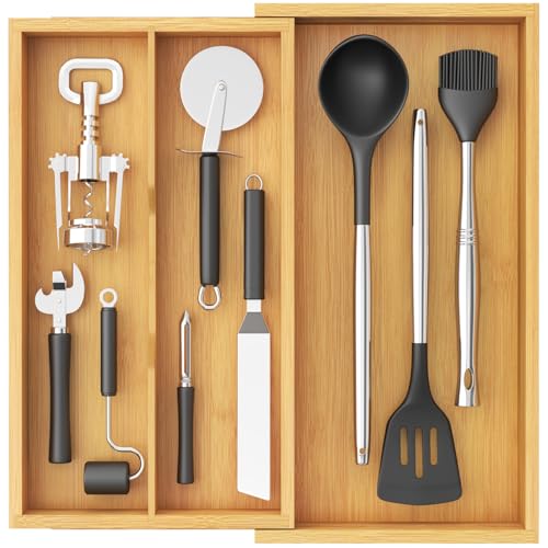 Lifewit Utensil Organizer for Kitchen Drawer, Expandable Cooking Utensil Tray, Cutlery Silverware Flatware Holder, Wood Adjustable Spatula Tools Storage Divider, 8.9-15.8 x 15.75, Natural - color: Natural, size: 8.9~15.8'' W x 15.75'' D