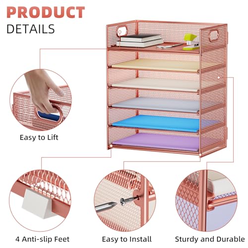 Marbrasse 6 Tier Paper Organizer Letter Tray - Mesh Desk File Organizer with Handle, Paper Sorter Organizer for Letter/A4 Office File Folder Holder - Rose Gold - color: Rose Gold
