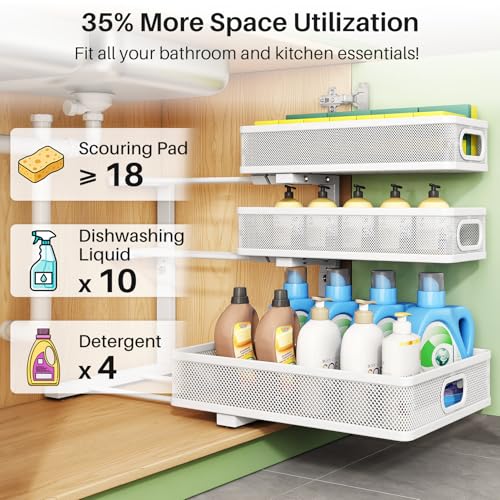 Kitstorack Under Sink Organizer, 2-Pack 3-Tier Height Adjustable Thickened Metal Pull out Cabinet Organizer Shelf, Slide out Storage Drawer Rack for Bathroom Kitchen Pantry Home Laundry Organization - color: White, size: 2 Pack