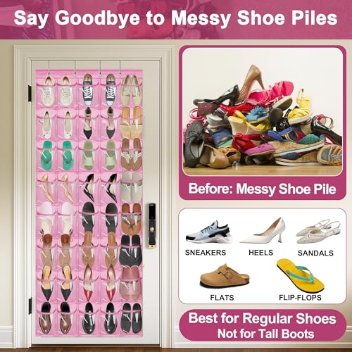 Over the Door Shoe Organizer with 40 Clear PVC Pockets – Waterproof Hanging Shoe Holder for Closet & Bathroom – Space-Saving Door Shoe Rack for Shoes, Toys, Toiletries & Snacks(Pink) - color: Pink