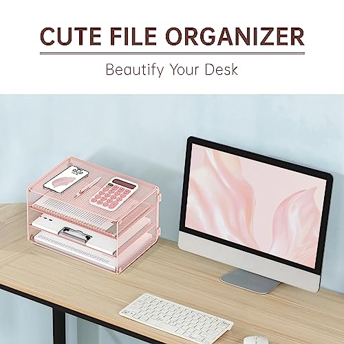 DALTACK 3 Tier Letter Tray Paper Organizer for Desk, Mesh Metal Desk File Organizer with Sliding Trays for Letter/A4 Paper, Mail, Bills & Folders, Pink - color: Pink