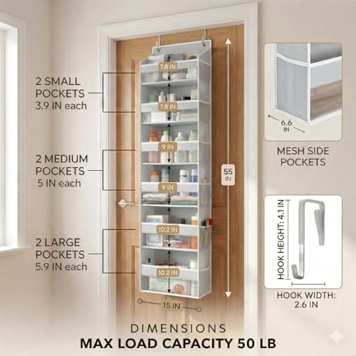 HOMELUX THEORY UPGRADED 6 Tiers Over The Door Organizer Hanging - 100D EXTRA THICK & 50lbs HUGE CAPACITY, 12 Side Mesh Pockets Over The Door Shoe Organizer, Hanging Closet Organizer (Light Gray, 2pc) - color: 2. Light Gray, size: Standard 2 sets