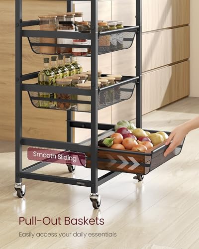 VASAGLE Storage Rolling Cart with Pull-Out Baskets, 5-Tier Utility Cart Orgnizer with Wheels for Laundry Room, Kitchen, Handle, 12.5 x 15.8 x 37.4 Inches, Rustic Brown and Ink Black ULRC041K01 - color: Rustic Brown + Ink Black, size: 5 Tiers