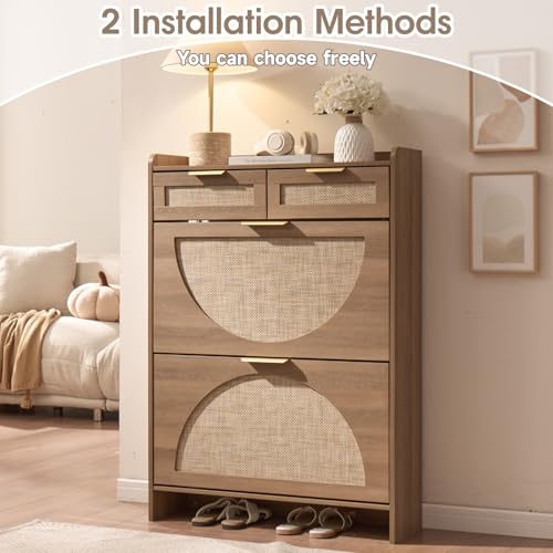 Rattan Shoe Storage Cabinet with 2 Flip Drawers & 2 Drawers, Freestanding Organizer for Front Door Entrance, Hidden Narrow Shoe Rack Cabinet Storage for Entryway, Rustic Oak Rattan - style: 2-Drawers