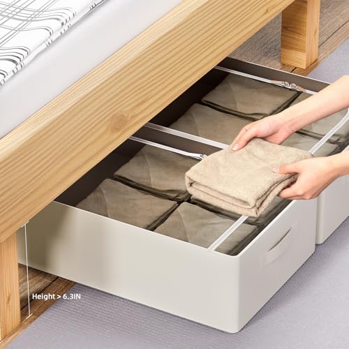 CYhom 3Pcs Under Bed Storage Bins with Metal Frame - Shoe Organizer for Closet with Clear Cover Oxford Fabric Sturdy Underbed Container Foldable Stackable Clothes Organizer (Beige, 23.5x19.7x6.3) - color: Beige, size: 23.5x19.7x6.3