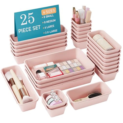 Kutesna 25 PCS Pink Drawer Organizer Set, 4 Size Interlocking Plastic Storage Bins for Office Supplies, Jewelry Makeup Vanity, Bathroom Kitchen, Home Organization Closet, Gadgets Small Items - color: Pink