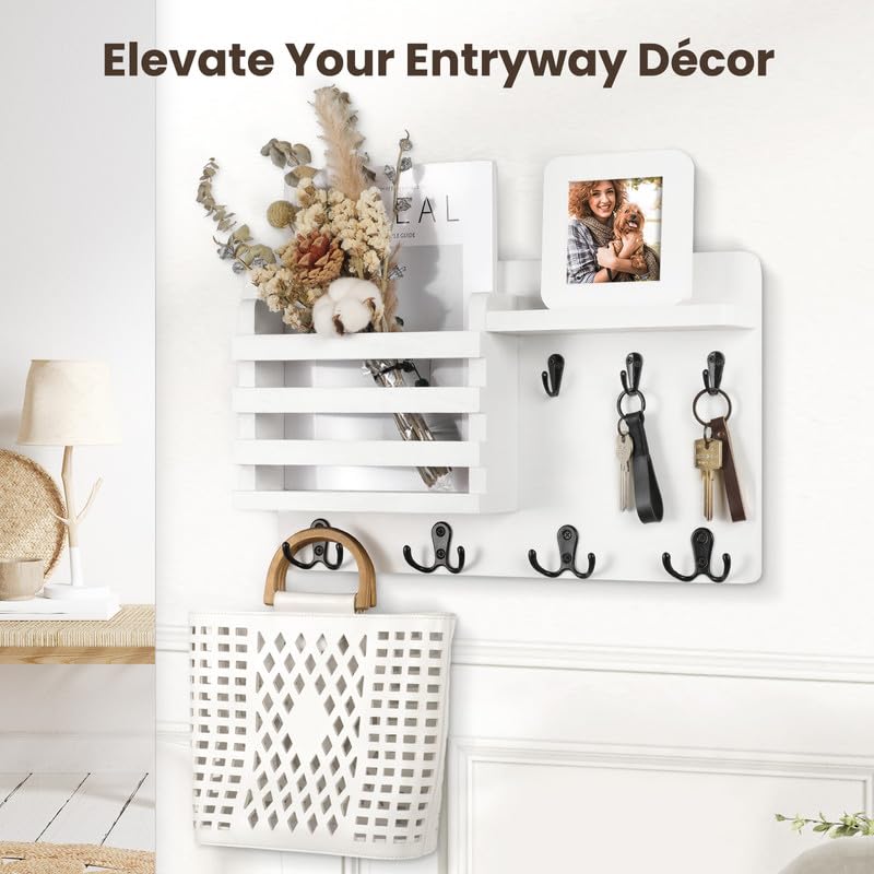 Nekon Mail Holder for Wall Mail Organizer with Key Hooks Hallway Farmhouse Decor Storage Racks with Floating Shelf and Flush Mount Hardware (16.8Inch x 10Inch x 3.2Inch) - color: White