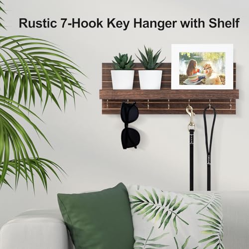 Lwenki Decorative Key Holder for Wall with Shelf, Entryway Shelf with Hooks Holds Leashes, Jackets and Glasses – Sturdy Wood Keyholder Entrance Hanger with Mounting Hardware (Brown, Large) - color: Brown, size: Large