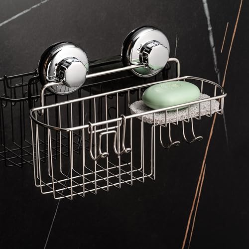 HASKO Suction Cup Shower Caddy Basket for Shampoo, Shower Suction Shelf Organizer, Basket with Soap Holder and Hooks, Stainless Steel Shampoo Holder for Bathroom Storage, Chrome - color: Chrome
