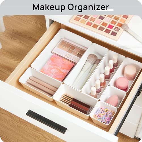Vtopmart 44 PCS Plastic Drawer Organizers Set, 4-Size Versatile Bathroom and Vanity Organizer Trays, Non-Slip Storage Containers for Makeup, Jewelries, Bedroom，Kitchen Utensils and Office, White - color: White