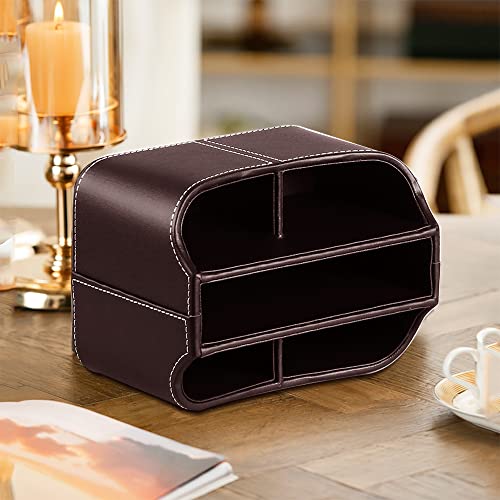 Fanousy 360° Rotating Remote Control Holder, PU Leather TV Remote Caddy Organizer Basket Storage Box with 5 Compartments for Pen, Pencil, Art Supplies, Makeup Brush, Office Desk Table Accessories - color: Brown