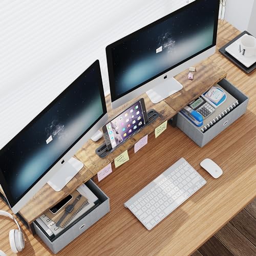 39 Inch Dual Monitor Stand Riser with 2 Drawers - Large Brown Wooden Computer Stand for 2 Monitors, Ergonomic Desk Organizer with Phone Holder, Desktop Storage for Laptop, Office Supplies, Home Office - color: Brown