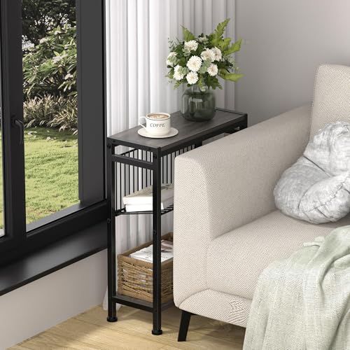 End Table Set of 2 for Small Space, 3-Tier Narrow Side Table with Magazine Holder,Slim Nightstand, Skinny Snack Couch Table in Living Room, Bedroom Study and Balcony (Grey) - color: Grey-2pcs