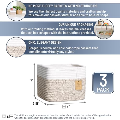 NaturalCozy Storage Cubes 9”x9”x7”Cotton Rope Woven Baskets for Organizing 3-Pack | 9 Inch Cube Storage Bin | Small Basket for Shelf Nursery, Pantry, Decorative Plant, Bathroom Closet, Toy Gift - color: Off White & Mixed Brown
