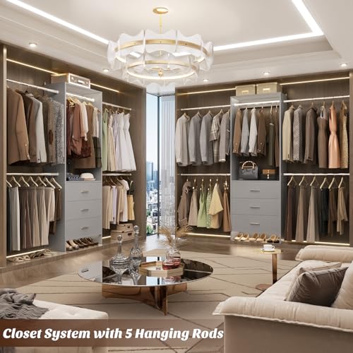 Aheaplus Closet System, Closet Organizer with 3 Wooden Drawers, Closet Organizer System, Walk-in Closet Wardrobe Clothes Rack with 4 Hanging Rods, Garment Rack, -4R, Grey - color: Grey, size: Without Light