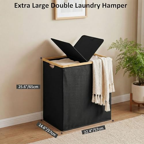 efluky Laundry Hamper with Lid, Double Laundry Hamper with 2 Removable Bags, 2 Section Laundry Basket with Bamboo Handles for Bathroom, Bedroom & Laundry Room, 140L (36.9 Gallon) Black - color: Black, size: 140L Dual