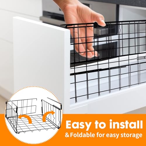 Hanging Under Shelf Storage Basket, 2 Pack Foldable Under Cabinet Metal Desk Storage Wire Rack Organizer for Kitchen Pantry Bookshelf Office Home, Easy to Install Slide-in Under Shelves (Black) - color: Black 2