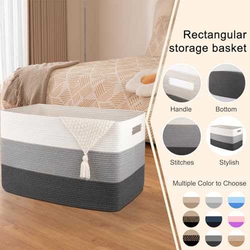 OIAHOMY 108L Super Large Blanket Basket, 25”x16”x16” Rectangle Woven Baskets for Storage, Cotton Rope Basket For Living Room, Toy Storage with Handle- Gradient Dark Grey - color: Gradient Dark Grey