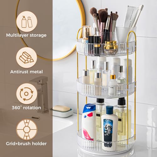 360° Rotating Makeup Organizer, Upgraded 3 Tier Skincare Perfume Organizers for Women, Bathroom Organizer Countertop, Clear Cosmetic Dresser Organizer with Makeup Brush Holder, Sink&Counte (Clear) - color: Clear, size: 3 Tier
