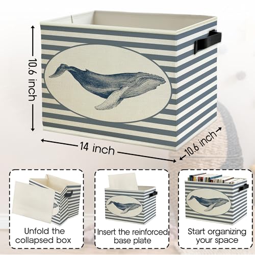 Coastal Beach Whale Storage Bins Box with Handles, Blue Striped Beachy Ocean Whale Marine Biology Collapsible Basket Organizer for Bedroom Bathroom Toys Books Clothes - color: Color09