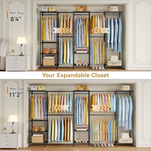 M2 Expandable Clothes Rack, Large Clothing Rack with 4 Extended Hanging Rods, Heavy Duty Garment Racks for Reach-in Closet System, Black Closet Extandable from 8'4"-11'2", Max Load 1000LBS - color: Black
