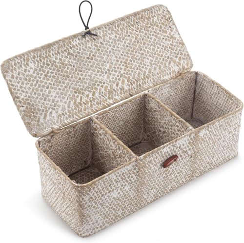 Seagrass Storage Basket for Bathroom - Wicker Toilet Tank Basket with Lid - Woven Storage Box for Organizing (Whitewash, 13" x 5" x 4.3") - color: Whitewash, size: 13" x 5" x 4.3"