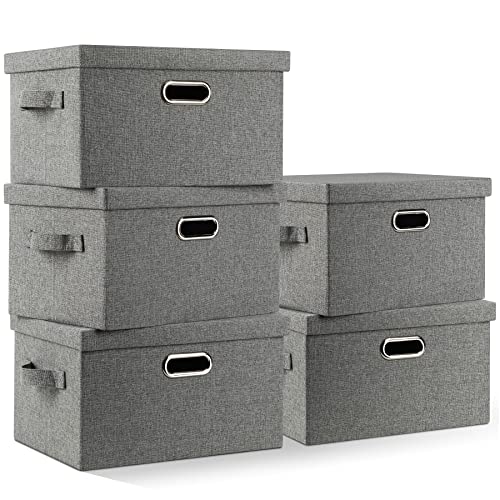 Graciadeco Medium 15" 21 Quart Collapsible Stackable Storage Bins with Lids, 5 Packs Grey Foldable Fabric Closet Boxes Heavy-duty Linen Cube Baskets Container for Bedroom Office (15 x 11 x 8) - color: Gray1, size: Medium -5 Pack