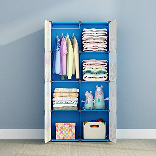 MAGINELS Children Wardrobe Kid Dresser Cute Baby Portable Closet Bedroom Armoire Clothes Hanging Storage Rack Cube Organizer(Blue, 6 Cube & 1 Rod) - color: Blue, size: 8 Cube