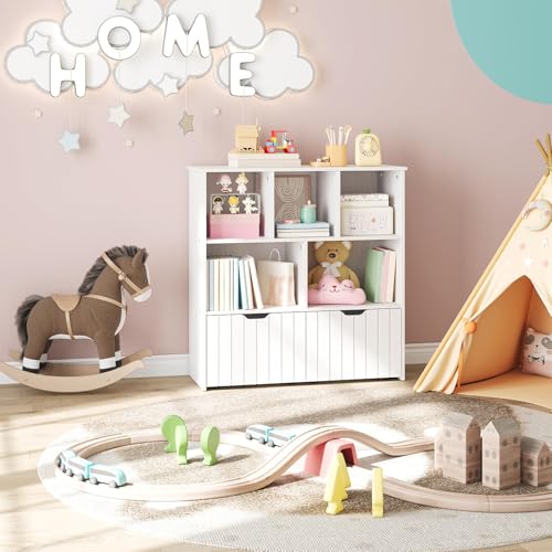 HOOBRO Toy Storage Organizer, Toy Organizers and Storage with 2 Movable Drawers and 5 Cubbies, Toy Chest Shelf for Books or Dolls, Kids Bookshelf and Toy Storage for Playroom, White WT88CW01