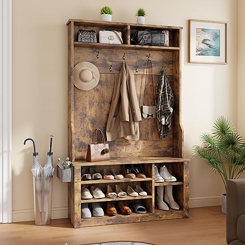 Aiho Entryway Hall Tree with Bench and Storage, 3-in-1 Hall Tree with Coat Rack, Adjustable Shoe Bench, 2-Tier top Storage, for Hallway, Entryway, Bedroom, Rustic Brown - color: Brown