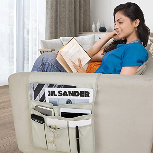 Teniux Remote Control Holder Faux Leather Armrest Organizer with 6 Pockets for recliner couch sofa, Armchair Caddy for Smart Phone, Book, Magazines, Ipad, Remotes (Oyster White) - color: Oyster White