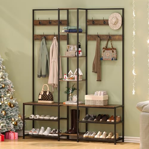GiftGo Corner Hall Tree with Shoe Rack Storage Bench Display Open Shelves Modern Industrial Entryway Coat Rack Stand for Home Living Room Mudroom Bedroom Multifunctional 5 in 1 (Rustic Brown) - color: Rustic Brown