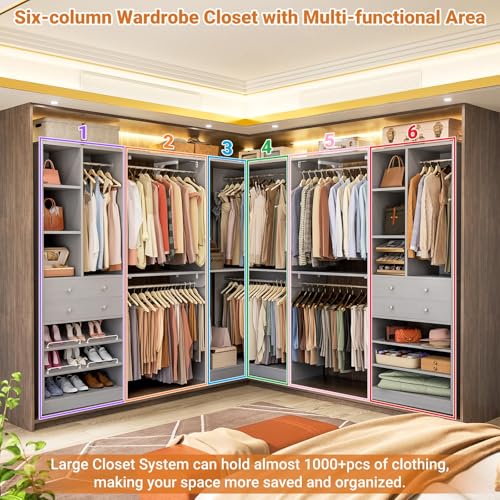 Closet System (Set of 3) with 4 Drawers, 8 Hanging Robs, 91.5"/151" Closet Organizer System with Corner Tower, Reversible Walk-in Closet System Corner Closet System, Morandi Grey - color: Morandi Grey, size: 90.5" * 90.5"
